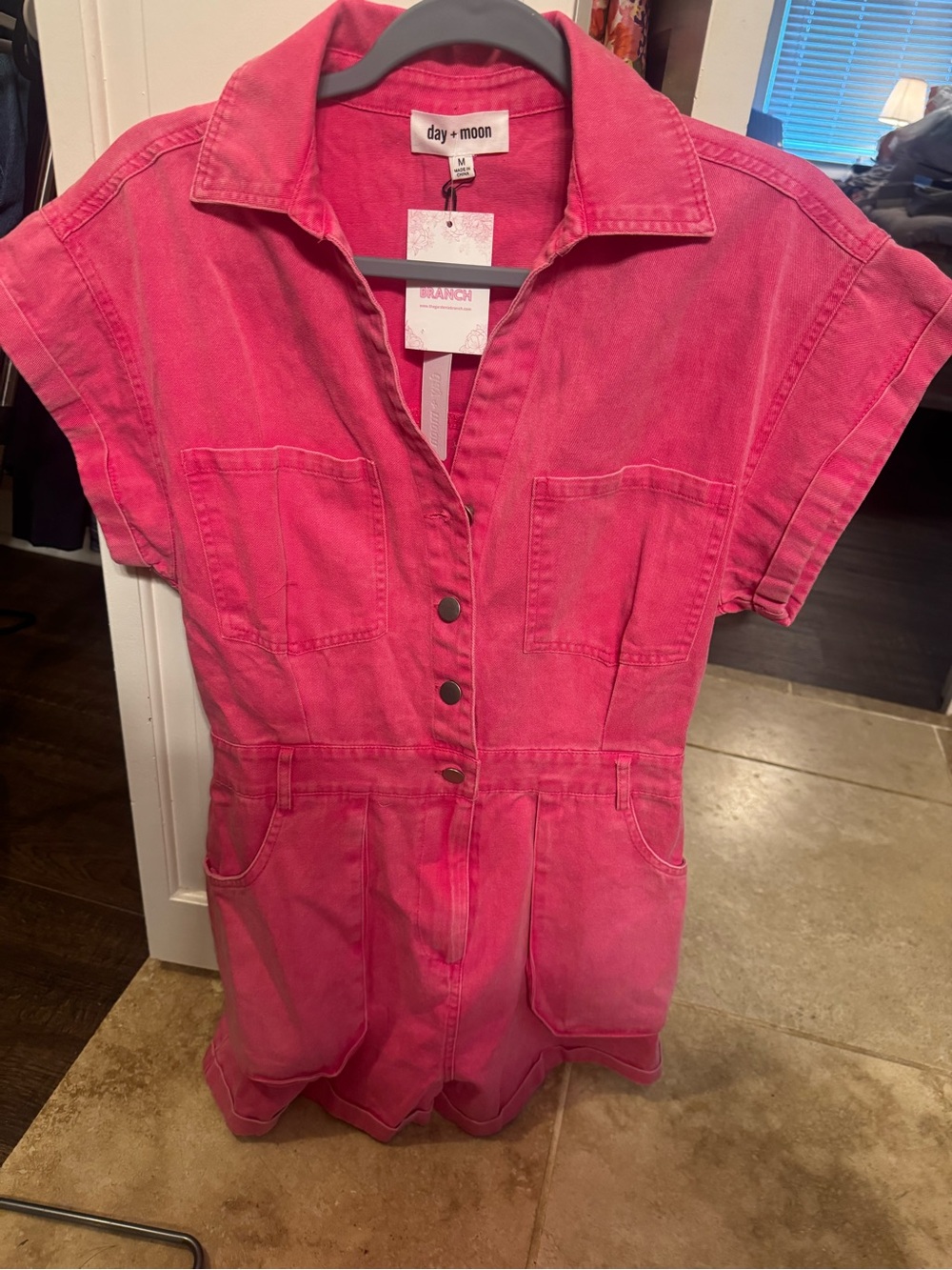 day + moon Hot Pink Denim Romper